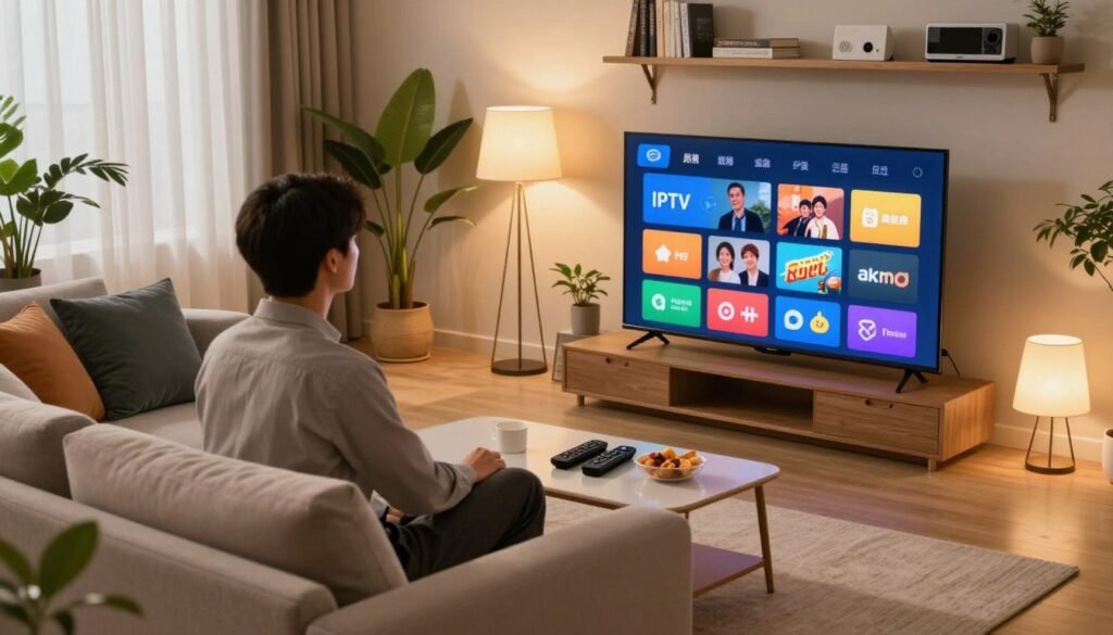 A modern living room setting showcasing a sleek smart TV displaying an IPTV interface, with vibrant icons representing various legal streaming services. In the foreground, a comfortable sofa with stylish cushions and a small coffee table featuring remote controls and snacks. In the middle, a person in professional attire, engaged and viewing content on the TV, surrounded by warm ambient lighting from stylish lamps. The background displays a contemporary decor with plants and shelves lined with books and tech gadgets, creating a cozy yet sophisticated atmosphere. Use soft, natural lighting for a welcoming feel, and a slight tilt-angle view to emphasize the comfortable space and captivating IPTV experience.