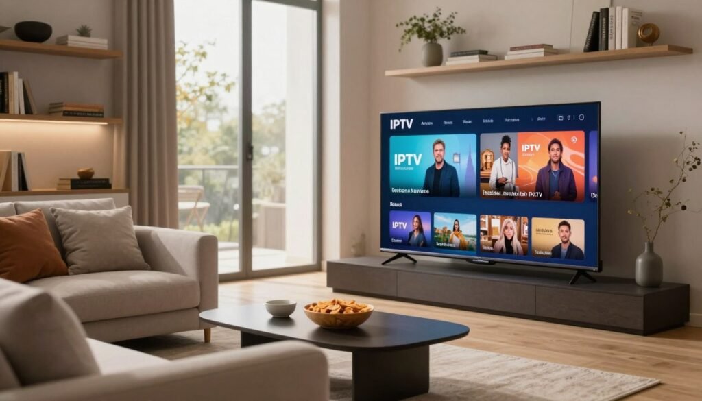 A modern living room setting showcasing a sleek smart TV displaying vibrant IPTV content in high definition. In the foreground, a comfortable sofa is positioned with soft throw pillows, inviting relaxation. A stylish coffee table holds a bowl of snacks, suggesting a cozy viewing experience. In the middle background, a large window allows natural light to flood the room, enhancing the inviting atmosphere. Shelves lined with books and decorative items frame the space, giving it a contemporary touch. The lighting is warm and soft, creating an inviting ambiance. The lens focuses on the TV screen, with a shallow depth of field emphasizing the clarity of the content, representing premium IPTV services available in France. The mood is relaxed and engaging, ideal for enjoying high-quality television in a modern home environment.