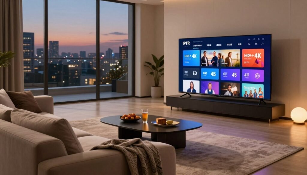 A sleek, modern living room set up for an immersive IPTV viewing experience. In the foreground, a high-end flat-screen television displays vibrant colors of a streaming service interface, showcasing popular HD and 4K content. A comfortable sofa with an elegant throw blanket is positioned slightly off-center, inviting viewers to settle in. In the middle ground, a stylish coffee table holds snacks and drinks, enhancing the cozy atmosphere. To the background, large windows reveal a serene evening cityscape bathed in soft, warm lighting. The overall mood is inviting and upscale, suggesting a luxurious premium subscription experience. The scene is well-lit with a balanced glow, emphasizing the advanced technology and comfort of IPTV streaming in a modern home setting. A sleek, modern living room set up for an immersive IPTV viewing experience. In the foreground, a high-end flat-screen television displays vibrant colors of a streaming service interface, showcasing popular HD and 4K content. A comfortable sofa with an elegant throw blanket is positioned slightly off-center, inviting viewers to settle in. In the middle ground, a stylish coffee table holds snacks and drinks, enhancing the cozy atmosphere. To the background, large windows reveal a serene evening cityscape bathed in soft, warm lighting. The overall mood is inviting and upscale, suggesting a luxurious premium subscription experience. The scene is well-lit with a balanced glow, emphasizing the advanced technology and comfort of IPTV streaming in a modern home setting.