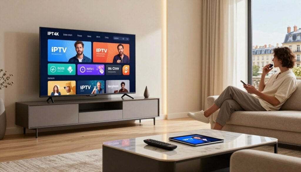 A sleek, modern living room with an elegant entertainment center showcasing a large 4K television displaying vibrant IPTV streaming content. In the foreground, a stylish coffee table holds a remote and a tablet, emphasizing the convenience of technology. The middle ground features comfortable, contemporary seating where a couple, dressed in smart casual attire, is engaged in watching their favorite shows, exuding a sense of enjoyment. Soft, warm lighting casts a cozy atmosphere throughout the room, while the background shows a window with a view of a picturesque French skyline, hinting at the premium experience of IPTV in France. The overall mood is inviting and sophisticated, celebrating the allure of high-quality streaming. A sleek, modern living room with an elegant entertainment center showcasing a large 4K television displaying vibrant IPTV streaming content. In the foreground, a stylish coffee table holds a remote and a tablet, emphasizing the convenience of technology. The middle ground features comfortable, contemporary seating where a couple, dressed in smart casual attire, is engaged in watching their favorite shows, exuding a sense of enjoyment. Soft, warm lighting casts a cozy atmosphere throughout the room, while the background shows a window with a view of a picturesque French skyline, hinting at the premium experience of IPTV in France. The overall mood is inviting and sophisticated, celebrating the allure of high-quality streaming.