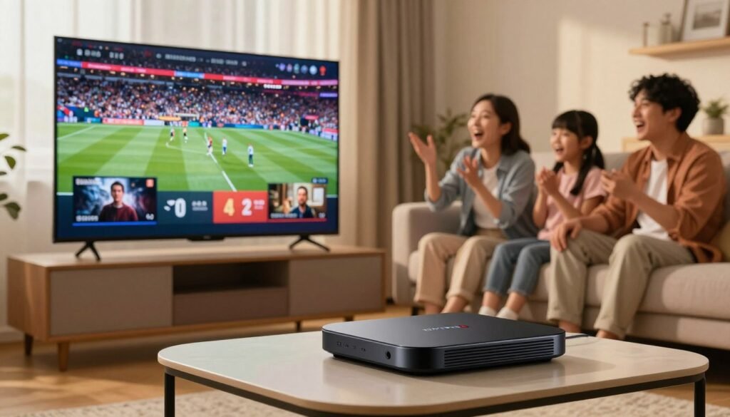 A vibrant living room setting with a large flat-screen TV displaying rich 4K content, showcasing a thrilling sports event and a dramatic film scene. In the foreground, a sleek IPTV streaming device sits stylishly on a modern coffee table. The middle layer features a comfortable sofa where a family, dressed in casual yet tidy clothing, are engaged and enjoying the viewing experience, showing expressions of excitement and laughter. The background includes a window with soft natural light filtering in, accentuating the cozy atmosphere. The entire scene is illuminated with warm lighting, creating an inviting and entertaining mood, ideal for illustrating premium IPTV services.