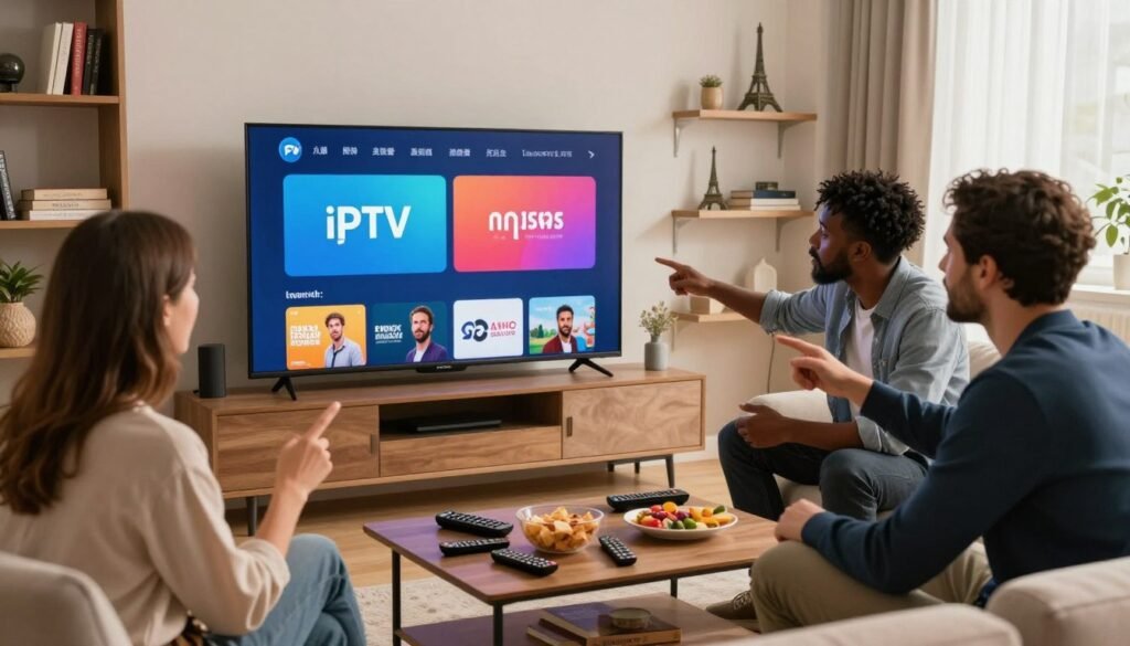 A sleek living room scene featuring a modern television displaying a vibrant IPTV interface, with popular French streaming services logos subtly integrated. In the foreground, a diverse group of three professionals, dressed in business casual attire, are engaged in an animated discussion, pointing at the screen with excitement. The middle ground showcases a coffee table cluttered with remote controls and snacks, creating a cozy atmosphere. The background includes shelves filled with books and decor items reflecting French culture, such as miniature Eiffel Towers. Soft, warm lighting filters in through a window, adding a welcoming glow that invites viewers into the scene, creating a sense of curiosity about the evolving IPTV market in France.